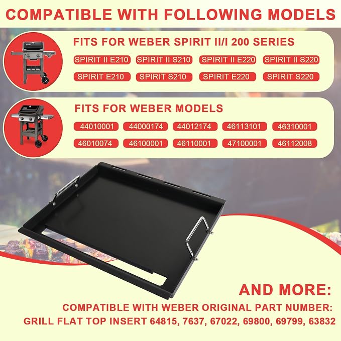Full Size Spirit 200 Griddle Inserts for Weber GS4 Spirit II & I 200 Series | Fits Spirit 2 Burner E/S 210 220, S-215 Gas Grill Parts, Flat Top Griddle replaces Weber 7637 64815, PFOA-free carbon steel