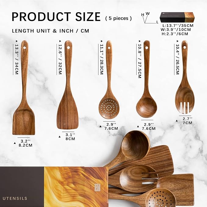Wooden Spoons for Cooking, 5-Piece Acacia Wood Cooking Utensil Set | Spoons and spatulas stir, mix, flip and serve; balanced handles offer control while staying gentle on nonstick cookware.