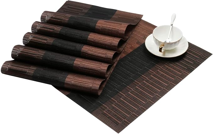 SHACOS Placemats with Table Runner Set of 7 Woven Vinyl Plastic Wipe Clean Heat Resistant Table Mats and Runner Set for Dining Table, Ombre Coffee Black