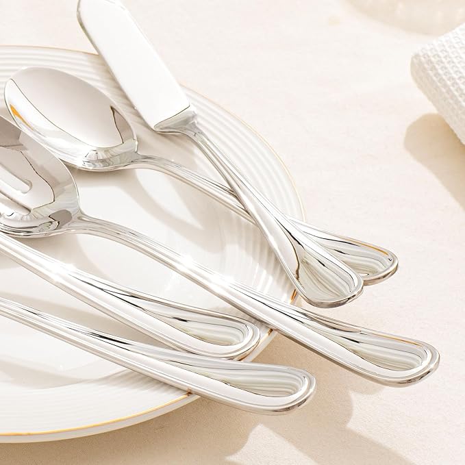 8-Piece Teardrop Serving Utensils Set, 18/10 Stainless Steel Utensils | Serving Utensils, Includes Serving Spoons, Forks & Tongs, Dishwasher Safe, Buffet, Catering, Wedding