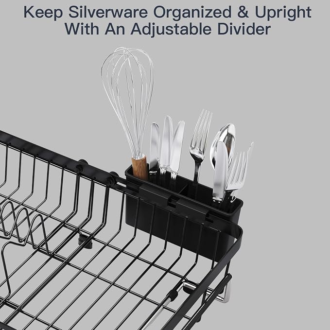 Dish Drying Rack Over The Sink with Utensil Holder, Mat | Expandable Stainless Steel Dish Drainer for Small Kitchen, Apartment, RV, Counter Space Saving, Perfect Fit, Rustproof