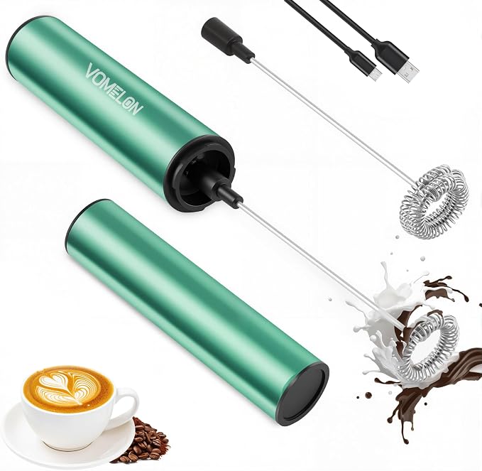 Milk Frother, Rechargeable Battery Operated Frother for Coffee,Portable Drink Mixer with 2 Stainless Steel Whisk Heads,Milk Foamer for Keto Coffee, Latte, Cappuccino, Hot Chocolate,Light Blue