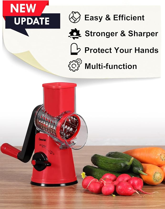 Geedel Rotary Cheese Grater Hand Crank, Cheese Shredder Vegetable Slicer | 5 Blades, 430 Stainless Steel, 12x Fast Cutting, Strong Suction Base, No BPA, Dishwasher Safe, for Cheese, Veggie, Nut