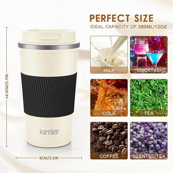 KETIEE 12oz Travel Mug: Vacuum Insulated Coffee Cup with Leakproof Lid, Travel Coffee Mug Stainless Steel Double Walled Reusable Coffee Cup for Hot and Cold Water Tea (Beige)