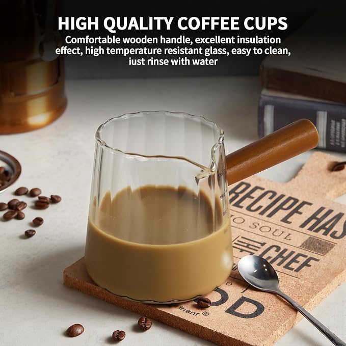 Espresso Measuring Cup 12 Oz, Espresso Glass Cups with Wood Handle, Milk Frothing Cup, Espresso Cup for Coffee, Milk, Tea or Maple Syrup Serving (Transparent, 12 oz)