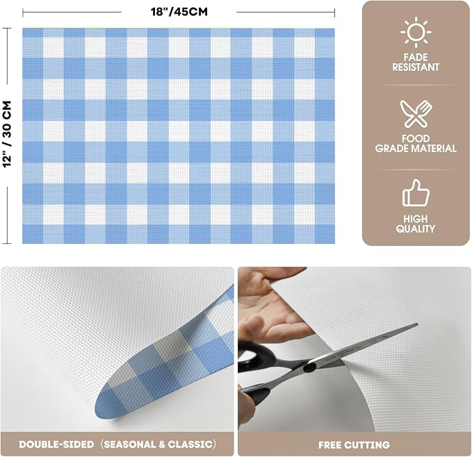 Artoid Mode Buffalo Plaid Vinyl Placemats Set of 4, 12x18 Inch Washable Non-Slip Heat Resistant Plastic Place Mats for Party Dining Table, Blue/White