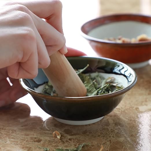 Asayu Japan Ceramic Mortar Bowl 4.29in (109mm) with Wooden Pestle, Made in Japan Dishwasher and Microwave Safe Ripple Ridge Suribachi and Surigoki Set - Olive Green Mortar and Pestle Set