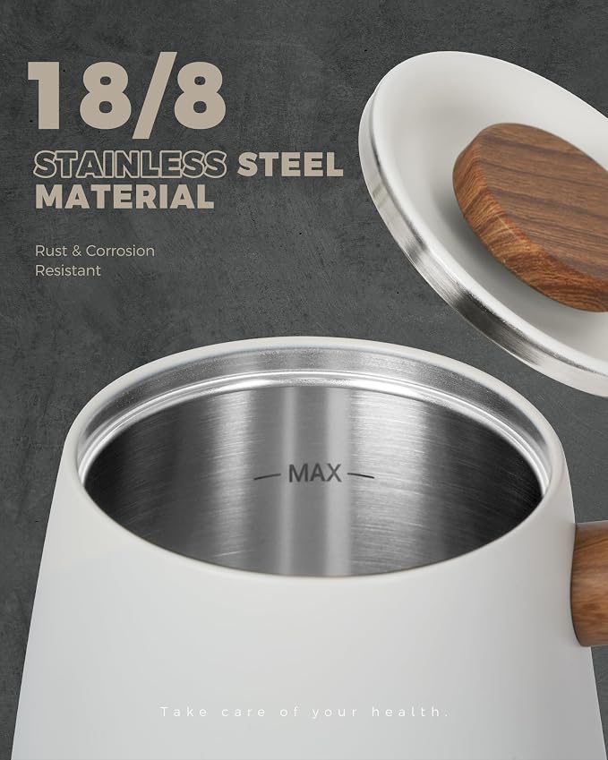 POLIVIAR Electric Gooseneck Kettle, Wood Pattern Handle, White | 1350W, 34oz Pour Over Electric Tea Kettle for Coffee & Tea, 18/8 Stainless Steel Inner, Temperature Control, Rapid Heating