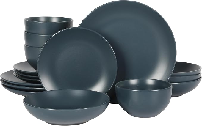 Gibson Home Queenslane 16-Piece Matte Blue Stoneware Dinnerware Set – Double Bowl Plates and Bowls, Durable Kitchen Dinner Set