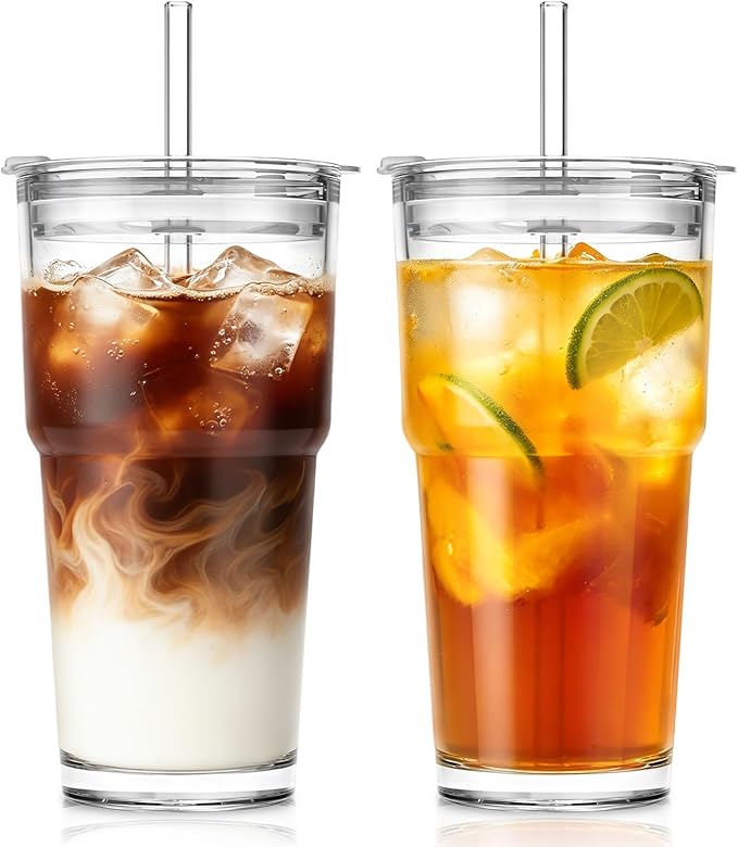 SoulTimes 20oz Clear Glass Tumbler with Lid and Straw – Iced Coffee Glasses Cups for Smoothie, Matcha, Juice, Water etc. Leakproof and Reusable Glassware Drinking for Travel To Go 【2 Pack】