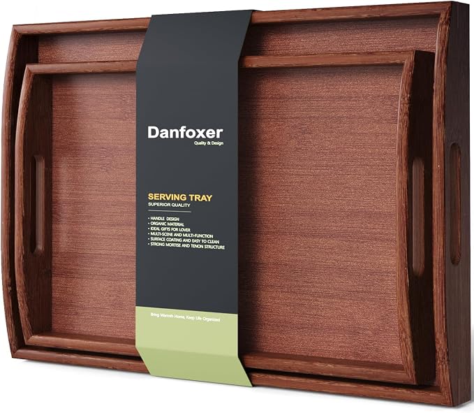 Bamboo Set of 2 Serving Trays with Handles Decorative Tray(Brown) | 2 Pack, Decorative Trays, for Coffee Table, Kitchen Counter, Breakfast, Party