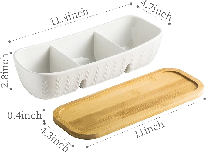 Miamolo Chip and Dip Set Bowl with Divided Serving Tray, Hosting Essentials | Acacia Wood Tray, Ceramic Serving Bowls | Condiment Tray for Dipping Sauces, Party | Kitchen Counter Decor, Microwave Safe
