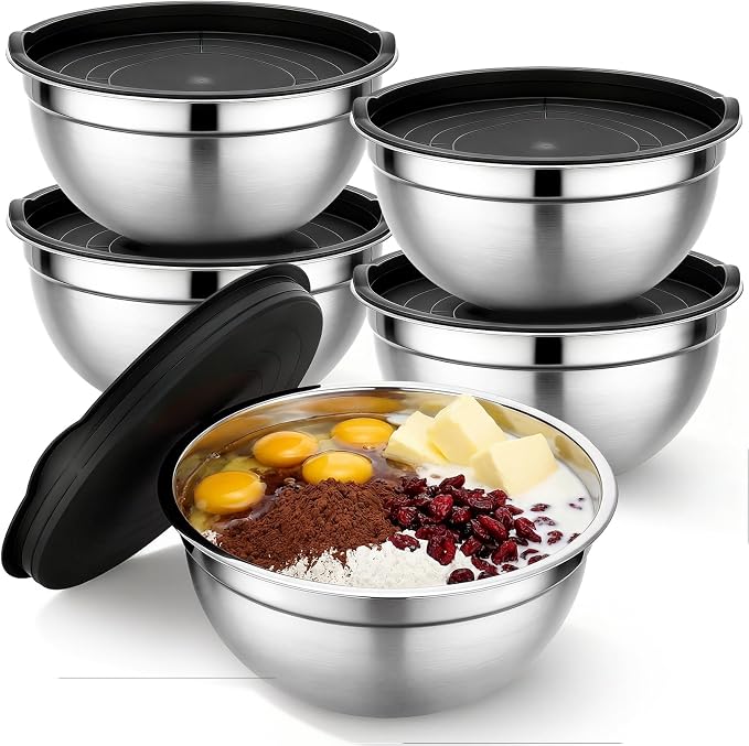 Beasea Mixing Bowls Set of 5, 3.4 QT Unbreakable Stainless Steel Mixing Bowls with Lids for Kitchen, Prepping, Food Serving, Storing, Nesting Metal Baking Bowl with Lid for Bread Dough, Cream, Batter