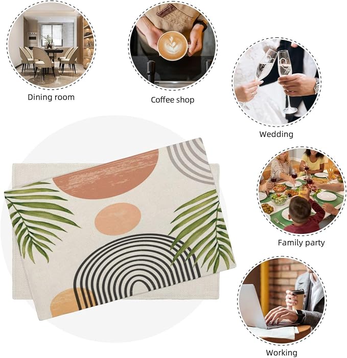 Mid Century Placemats Set of 4, Boho Abstact Sunset Leaf Stripe Decorative Table Mat 12 x 18 Inch Heat Resistant Non Slip Line Fabric Summer Place mat for Holiday Party Kitchen Dining Decor