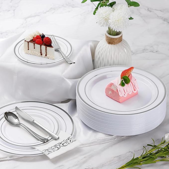 350 Pcs Silver Dinnerware Sets for 50 Guests, Disposable Plate Set | Plastic Plates for Wedding, Party, Include: 50 Dinner Plates, 50 Dessert Plates, 50 Paper Napkins, 50 Cups, 50 Silverware Set