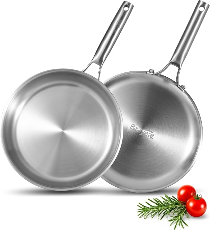 12 Inch Tri-Ply Stainless Steel Frying Pan, Set of 2 | Induction Compatible Sauté Pan with Even Heat for Searing | Oven & Dishwasher Safe | Professional Restaurant Grade Cookware