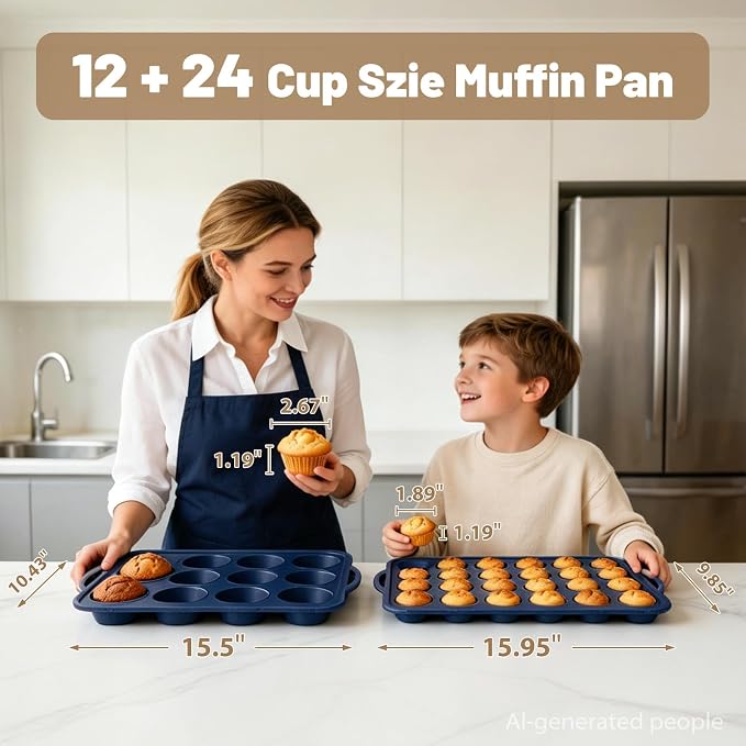2 Pack Silicone Muffin Pan 12 & 24 with Frame Non Stick Cupcake Baking Tin | Silicone Mini Cupcake Pan with Handles, BPA Free Silicon Regular Muffin Tin Tray Small for Baking, Egg Bites Mold Vnray Grey