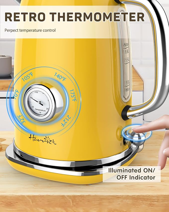 Harriet 61 oz Electric Kettle with Thermometer, Hot Water Pot, Retro | Electric Tea Kettle for Boiling Water, 1500W Stainless Steel Pot, Auto Shut-Off & Boil Dry Protection, Cordless LED Indicator