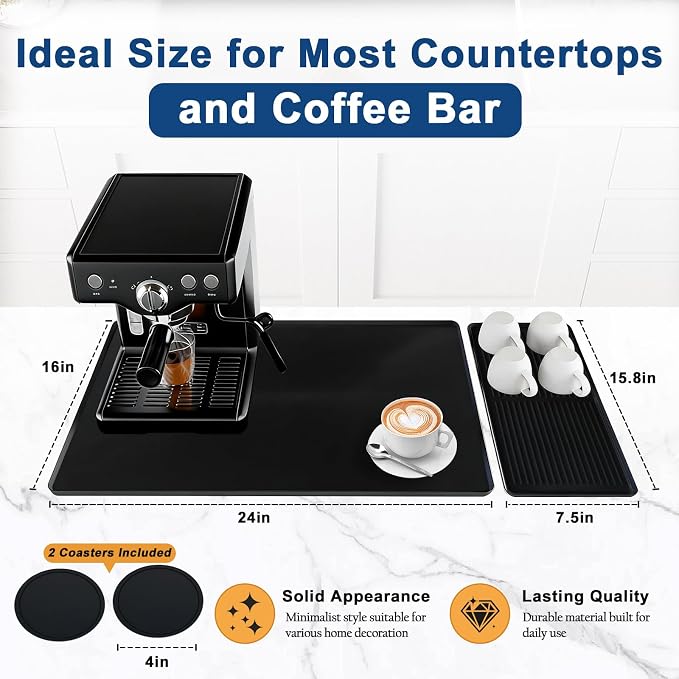 Mrcrypos Silicone Coffee Station Mat with Rasied Edges 16x24 Inch, Black | Anti-Slip, Heat-Resistant, Spill-Proof, Bar Mat for Most Countertop & Espresso Machines, under Coffee Maker/Dish Rack