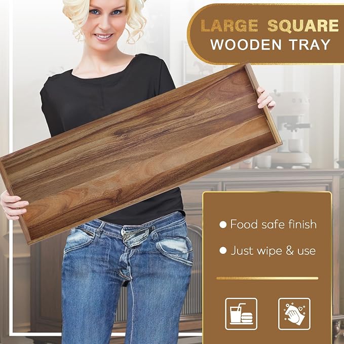 Extra Large Ottoman Tray, 36 x 12 inches Acacia Wood Serving Board | Wooden Serving Tray with Handles, Rectangular Coffee Table Tray, Charcuterie Platter for Meat, Cheese Board, Extra Long 3ft