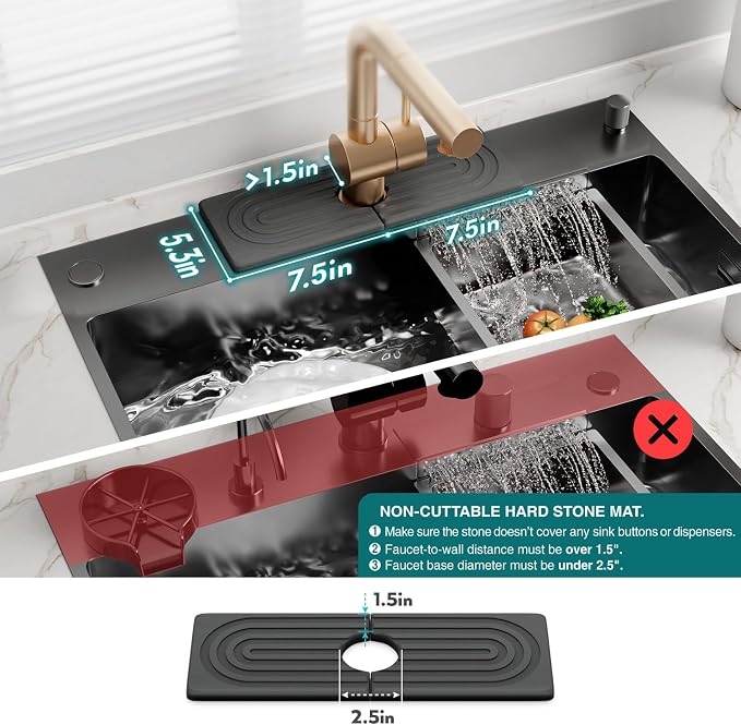 Faucet Mat for Kitchen Sink - Wider Diatomite Fast Drying Stone Sink Tray, Super Absorbent, Prevents Moisture Buildup - Faucet Splash Guard for Bathroom Counter (Dark Grey, 15x5.3inch)