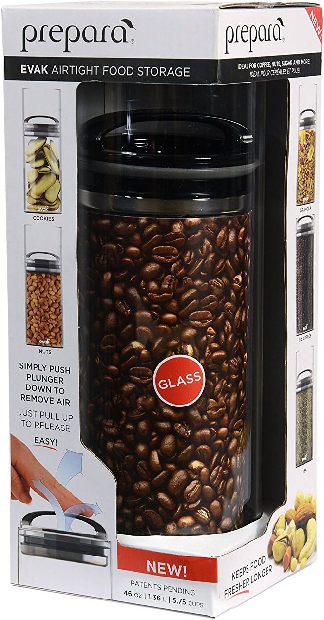 Prepara Evak Compact Glass Food Storage Container, Large, 6' x 3.75' | Airtight Glass Canister with Black Gloss Handle, Vacuum Seal Keeps Food Fresh Longer, Ideal for Coffee, Tea & Pantry Storage