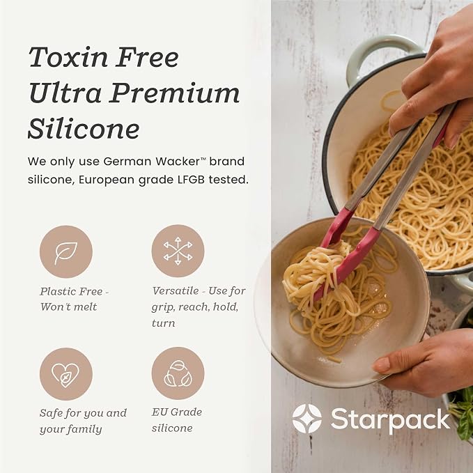 Starpack Get a Grip Silicone Kitchen Tongs (2-Pack, 9" + 12") - LFGB Non Toxic, 600°F Heat Resistant, BPA-Free - Heavy-Duty Stainless Steel, Locking - Dishwasher Safe for Nonstick Cookware