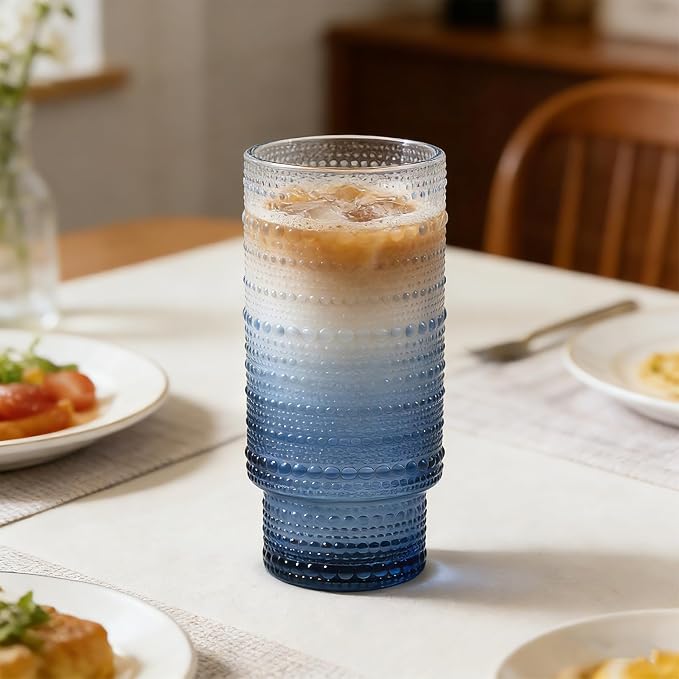 Large Capacity 16 oz Hobnail Drinking Glasses Set of 4, Vintage Glassware Drinking Glasses, Gray-blue Water Glasses Tumbler, Cups for Kitchen, Juice, Beer, Cocktail, Whiskey