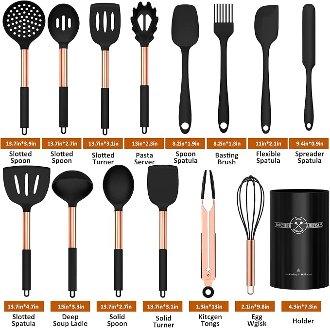 Silicone Cooking Utensil Set, Umite Chef Kitchen Utensils 15pcs Cooking Utensils Set Non-stick Silicone Rose Gold Handle Cooking Tools Whisk Kitchen Tools Set - Balck