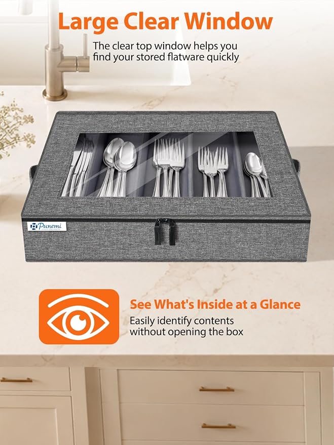 punemi Hard Shell Silverware Storage Box, Flatware Organizer, 2 Pack, Gray | Adjustable Dividers, Clear-Window Zippered Lids, for Spoons, Forks, Knives, Serving Utensils, Kitchen & Moving Storage