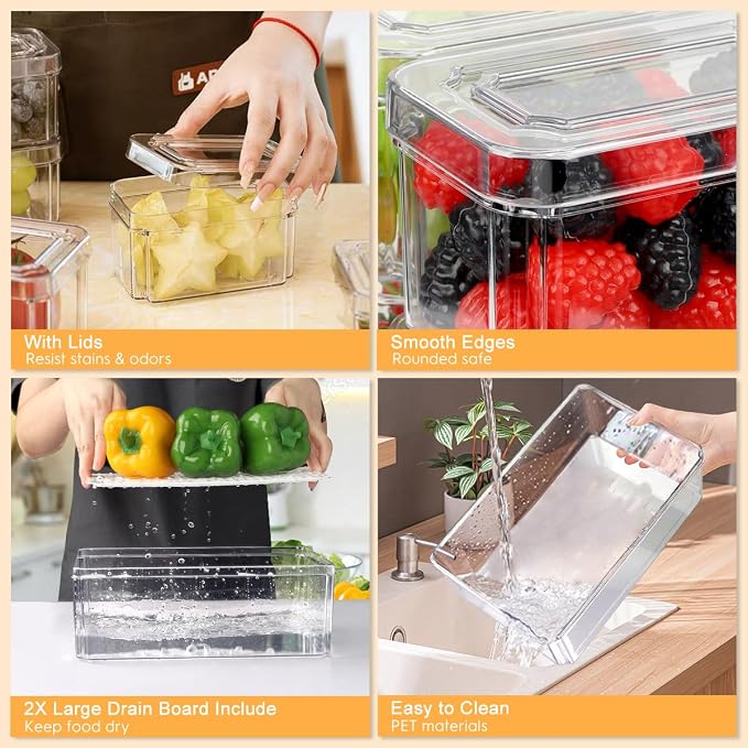 14Pack Fridge Organizer, Stackable Refrigerator Organizer Bins with Lids | BPA-Free Clear Plastic Storage Containers For Kitchen Cabinets, Fridge, Drinks, Fruits, Vegetables, Cereals, Counter Storage