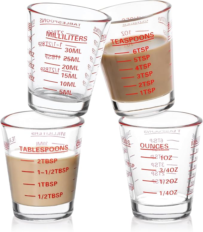 SAIAOKJ Shot Glass Measuring Cup Set, 4 Pack Espresso Shot Glasses (Red) | Glass measuring cups feature 26 markings up to 1 OZ, 2 TBS, 6 TSP, 30 ML for espresso, liquor, medicine and recipes