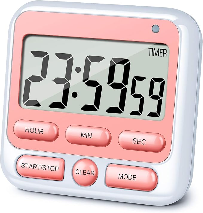 4-in-1 Digital Timer with Count Up/Down, Clock & Alarm, Ring & Silent Modes | Large 2.8-Inch easy-read LCD, On/Off switch, 24-Hour count up/down, Fast-forward function, Magnetic back, stand, hanging hole