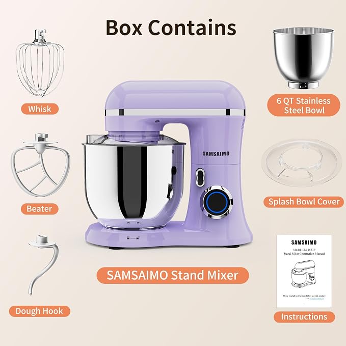 Stand Mixer, 6.5QT Tilt-Head Electric Kitchen Mixer, 10-Speed Household food mixer with 309 Stainless Steel Bowl, Dough Hook, Whisk & Beater, Splash Guard, Ideal for Baking Bread, Cake & Whipping