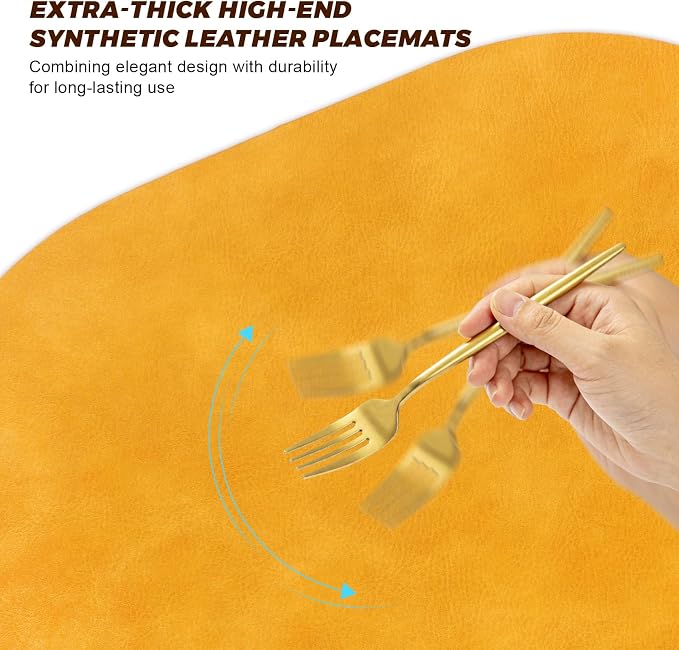 UnivoColors Placemats Round Faux Leather Placemats Set of 8-Waterproof-Wipe Clean-Heat Resistant-Anti Slip Dining Table Place Mats,Suitable for Indoor & Outdoor Use,15".Retro Yellow