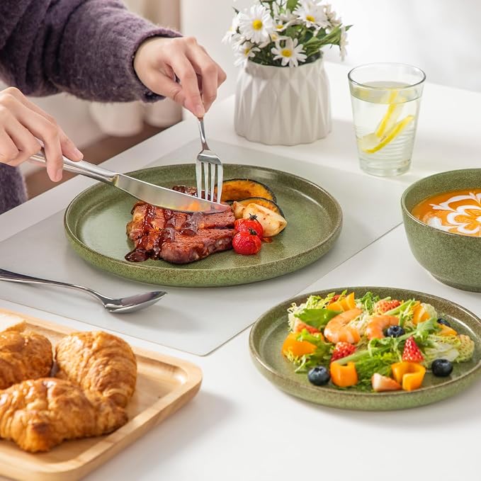 vancasso ZERMATT 18 Pieces Stoneware Dinnerware, Plates and Bowls Set for 6 | Dinnerware Set for 6 in Mossy Green Reactive Glaze Stoneware, Kitchen Dinner Set, Microwave and Dishwasher Safe
