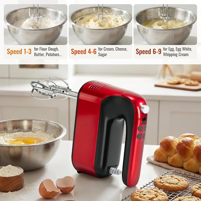 CBQ Hand Mixer Electric, 9 Speed 400W Handheld Mixer with Digital, Touch Button, Turbo, Snop-On Storage Case, 5 Stainless Steel Accessories, Hand Mixer Electric Handheld for Cake, Cookie, Egg (Red)