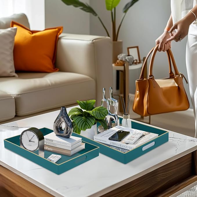 Green Serving Tray with Handles, Plastic Decorative Tray Set of 2 | Decorative Tray for Coffee Table, Modern Ottoman Tray, Rectangle Melamine Tray for Living Room, 15.8"L x 10.2"W x 1.4"H