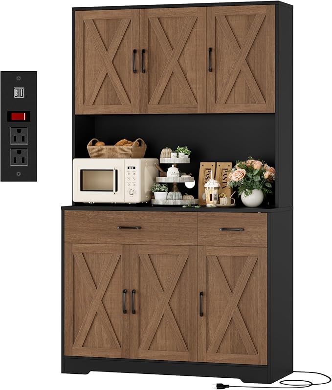 HOSTACK 71"H Kitchen Pantry Storage Cabinet, Farmhouse Hutch Cabinet, Brown | Space-Saving Pantry Cabinet with Charging Station & 2 Large Drawers & Adjustable Shelves, Tall Kitchen Hutch, Dining Room