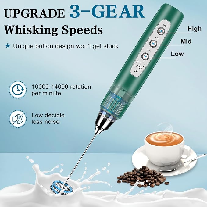Milk Frother Wand Rechargeable Handheld Whisk Coffee 3 Speed Adjustable | Electric Whisk Drink Mixer with Stainless 3 Whisks Hand Frother , Foam Maker for Latte Cappuccino Matcha Egg Silver