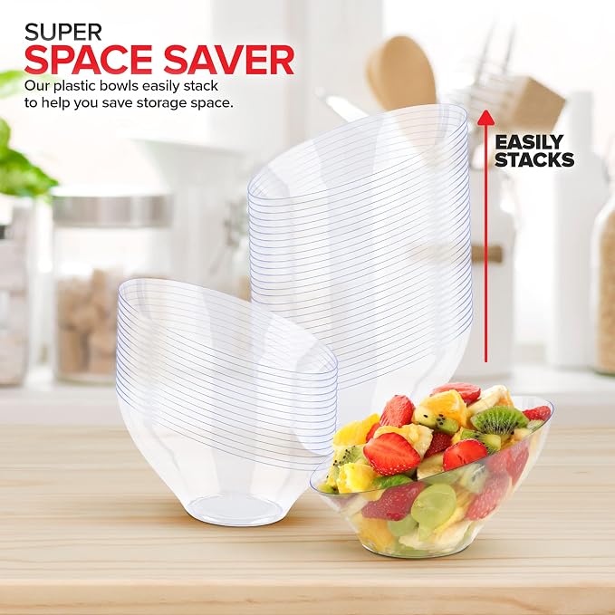 6oz Clear Plastic Serving Bowls (8 Pack) Small Disposable Candy Dishes, Buffet Containers for Chips, Popcorn, Snacks, Mints, Salad Bar, Snack Bowl, Parties, Office Desk, Bridal Shower, Party Supplies
