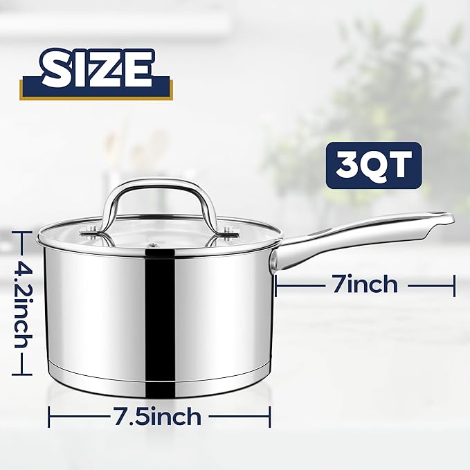 LIANYU Stainless Steel Saucepan with Lid, 3 QT Cooking Sauce Milk Pan | with Visible Lid & Tri-Ply Bottom, Induction Compatible Small Pot, Heavy Duty, Dishwasher Safe