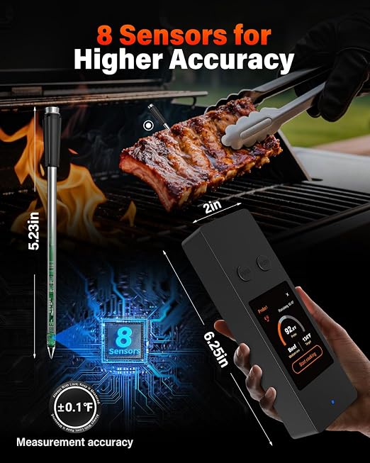 AWLKIM Wireless Meat Thermometer with Touchscreen Base, No Phone Needed — 2 Probes, 8 Sensors, Bluetooth 5.3, Rechargeable for Grill, BBQ, Smoker & Oven