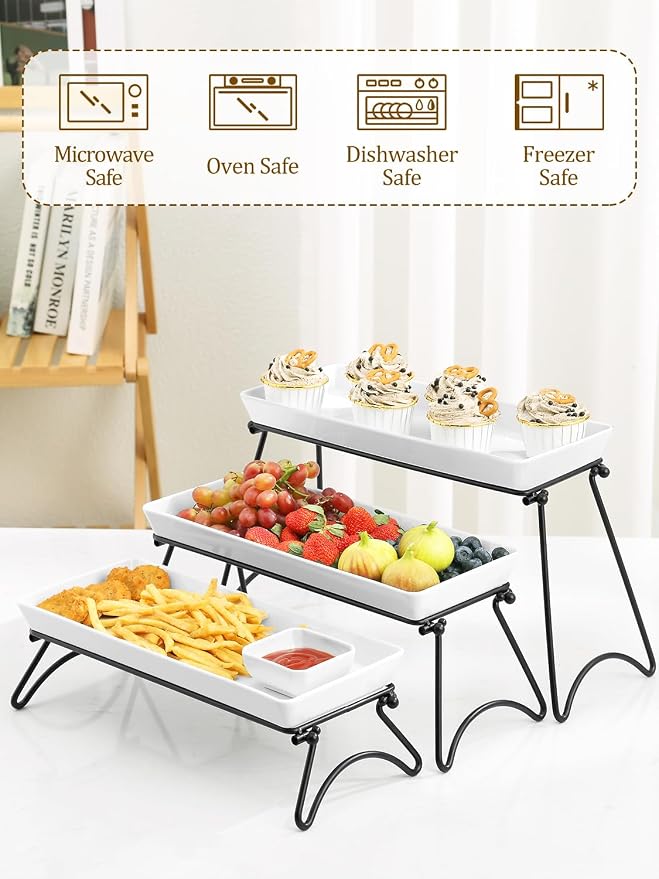 3 Tier Serving Tray Set, 14" White Porcelain Platters with Collapsible Metal Stands, Tiered Serving Stand for Party Food Display, Cupcakes, Desserts, Fruit & Appetizers | 3*Porcelain Durable Serving Plates, Microwave/Dishwasher Safe, Modern Cupcake Fru...