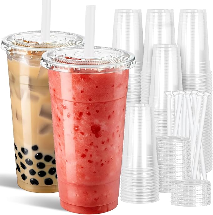 Ginkgo 32 oz Clear Plastic Cups with Lids and Jumbo Straws | Leak-Proof & Sturdy Disposable To Go Iced Coffee Cups for Smoothie, Boba Milk Tea - 50 Pack