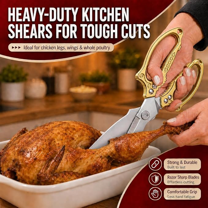 Premium Gold Kitchen Shears Heavy Duty, Stainless Steel Multipurpose Scissors for Chicken, Meat, Poultry, Seafood & Vegetables, Sharp Food Cutting Scissors for Kitchen Use