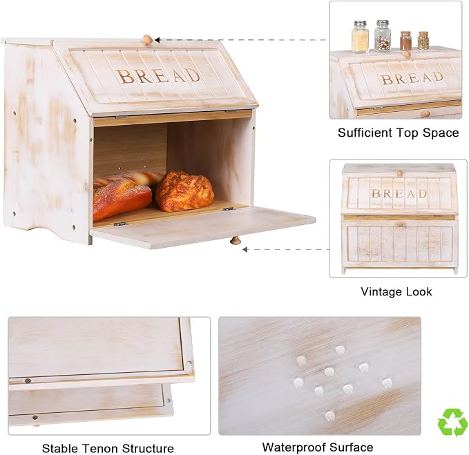 HOMEKOKO Vintage Double Layer Farmhouse Bread Box for Kitchen Counter,White | Keeps Bread Fresh 3-4 Days, 2-Tier Capacity Fits 2+ Loaves,Suitable For Farmhouse/Rustic Kitchens Use, Retro Design