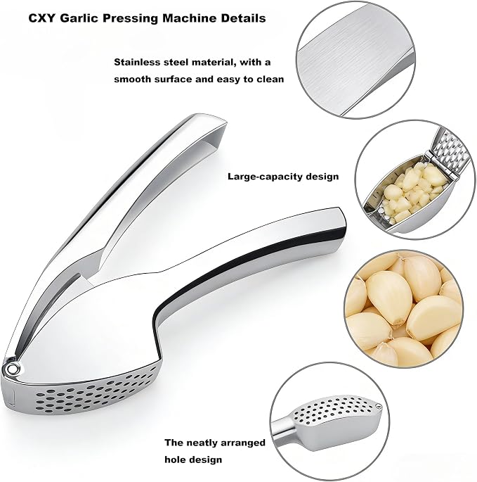 Stainless Steel Garlic Press Set Peeler & Cleaning Brush | Ergonomic soft handle, large chamber, rustproof and dishwasher safe
