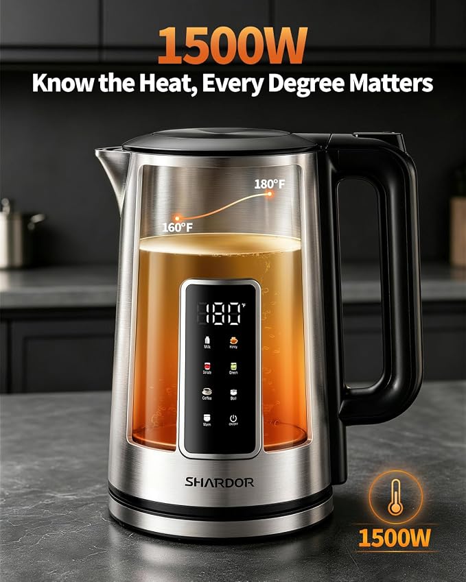 SHARDOR Electric Kettle 1.7L Stainless Steel, One Touch Start, Auto Shut-Off