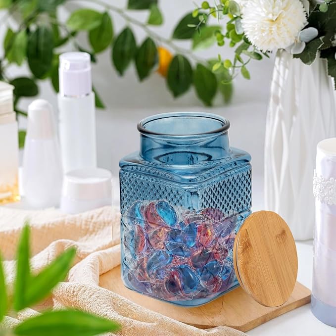 60 FL oz/0.5 Gal Glass Jar with Vintage Pattern and Airtight Lid,Set of 2 | Kitchen Pantry Thick Glass Container for Flour Sugar Cookie Coffee Laundry Pods, Wide Mouth Opening and Airtight Bamboo lid